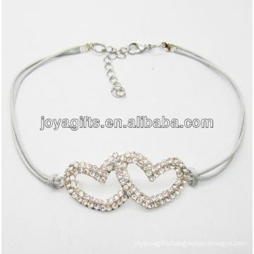 White wire diamante double heart alloy woven bracelet